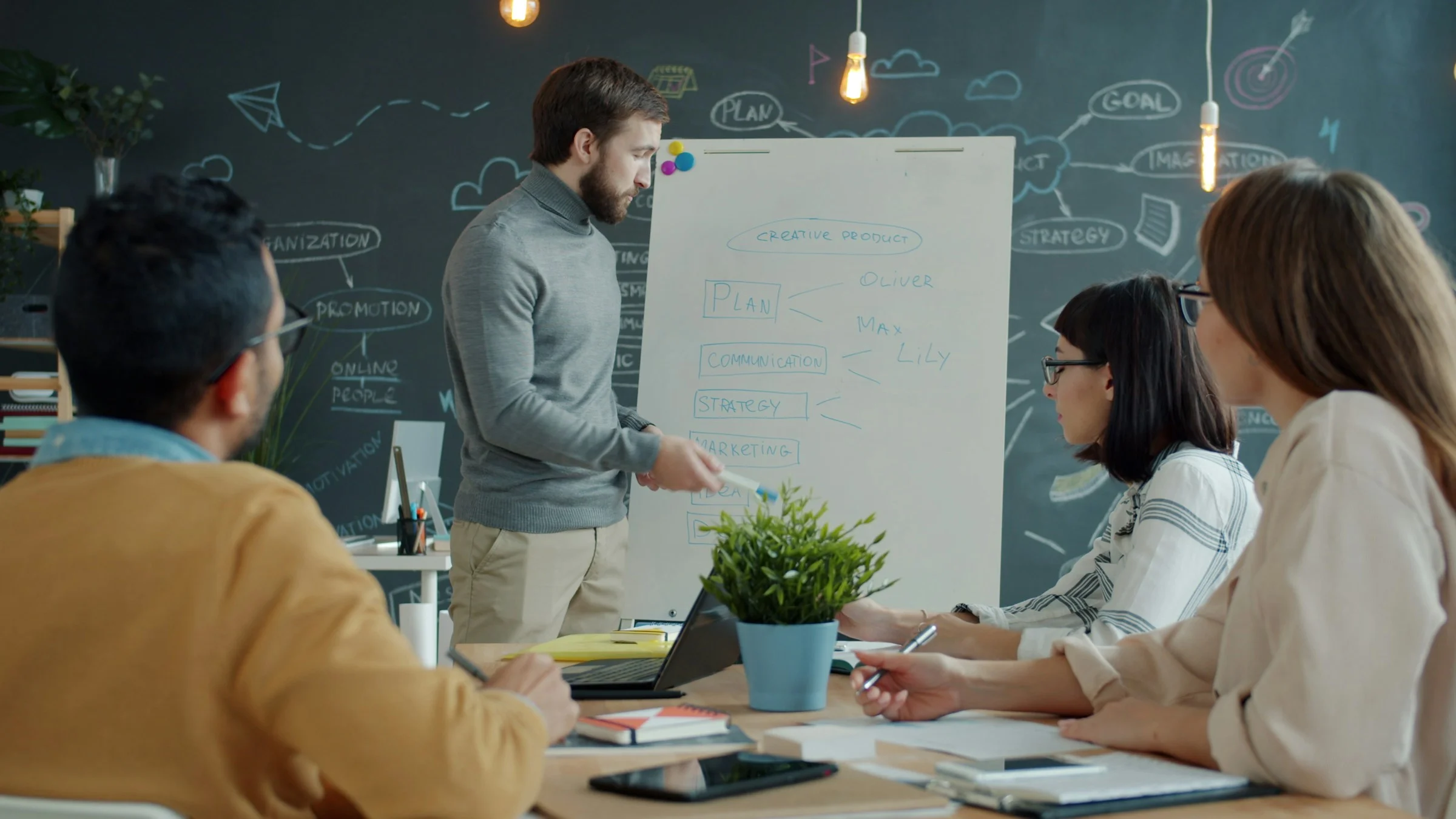 Creative team discussing ideas at a whiteboard