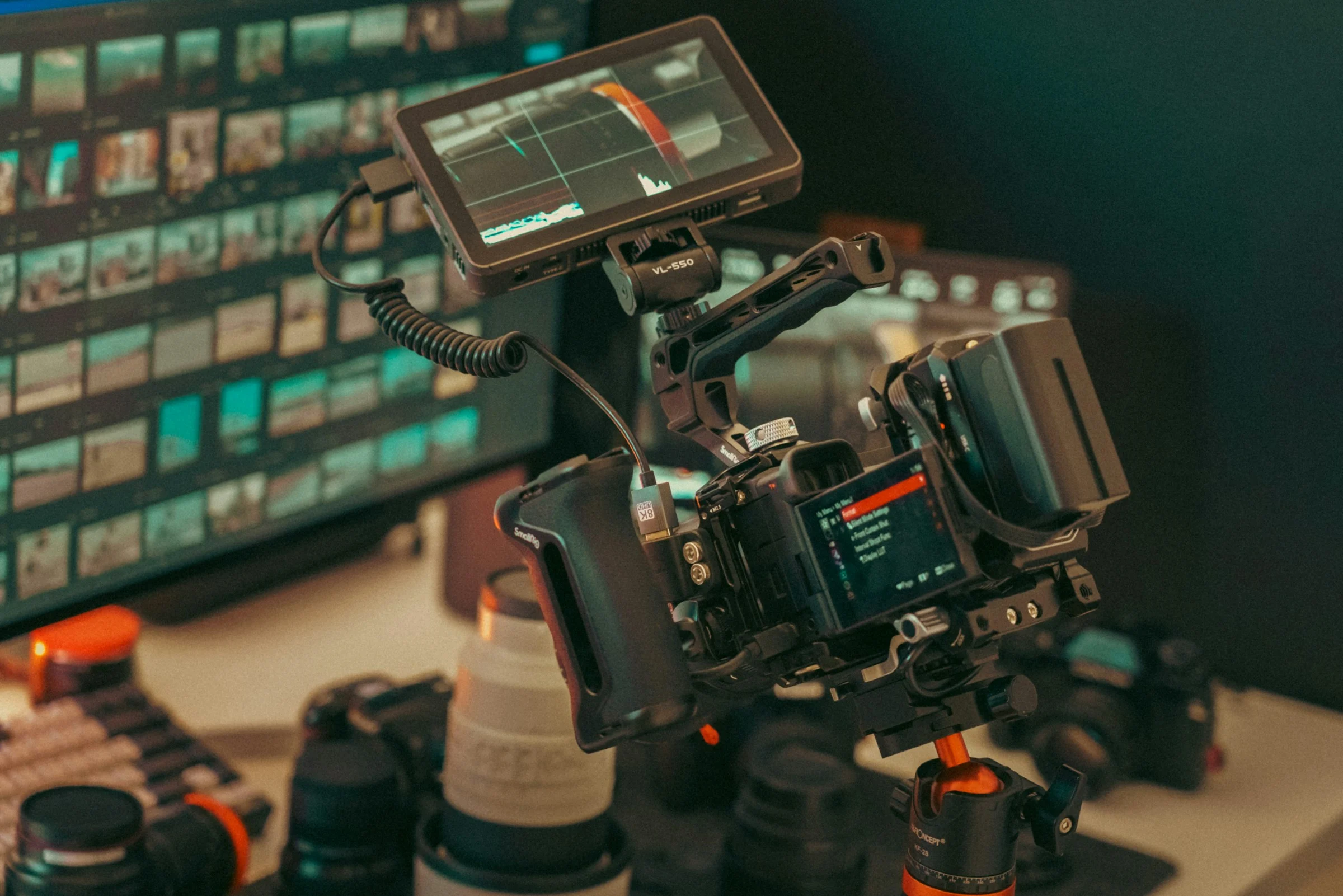 Cinema camera rig with an external monitor