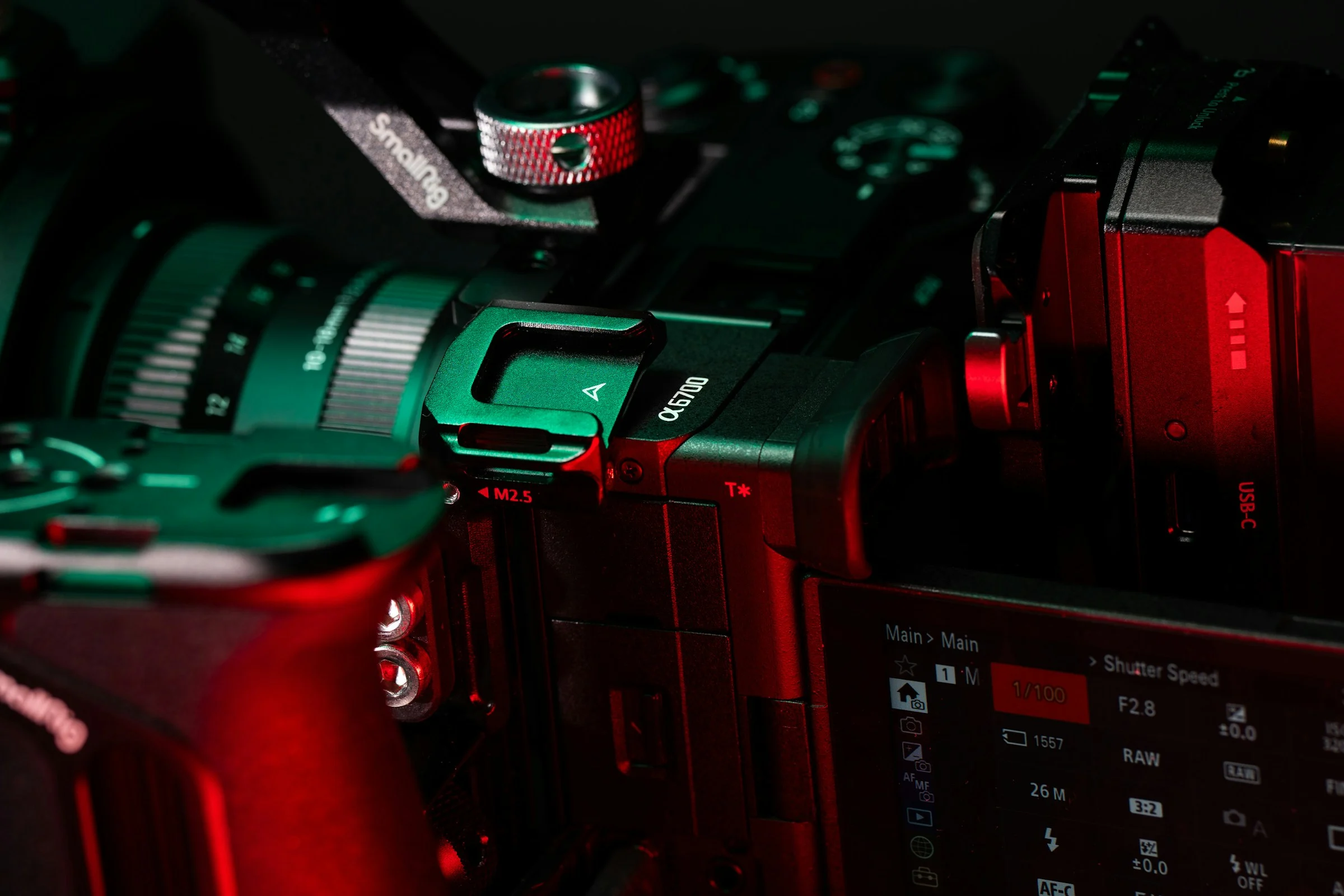 Professional cinema camera under studio lighting
