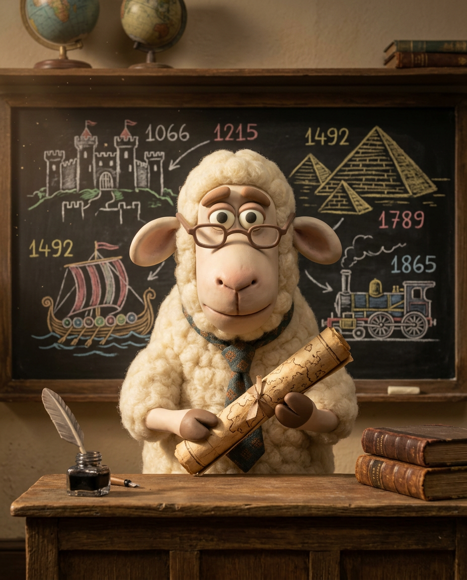 Alfred the Sheep at a chalkboard with historical dates, holding a parchment map