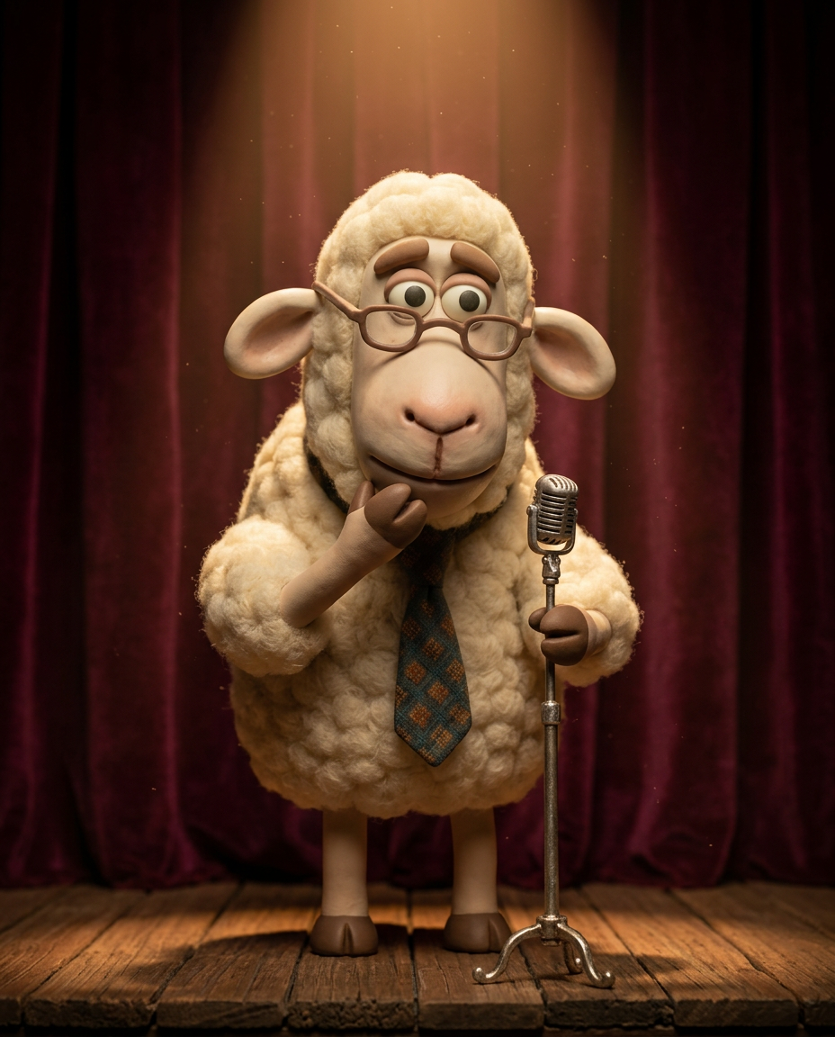 Alfred the Sheep at a vintage microphone under a warm spotlight