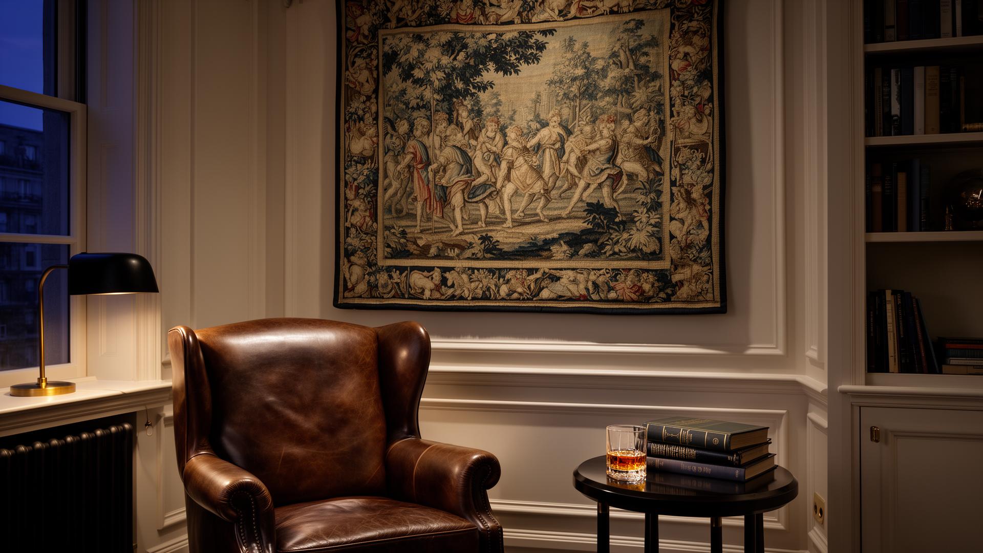 A collector's study at dusk with a recently acquired antique tapestry above a leather wingback chair