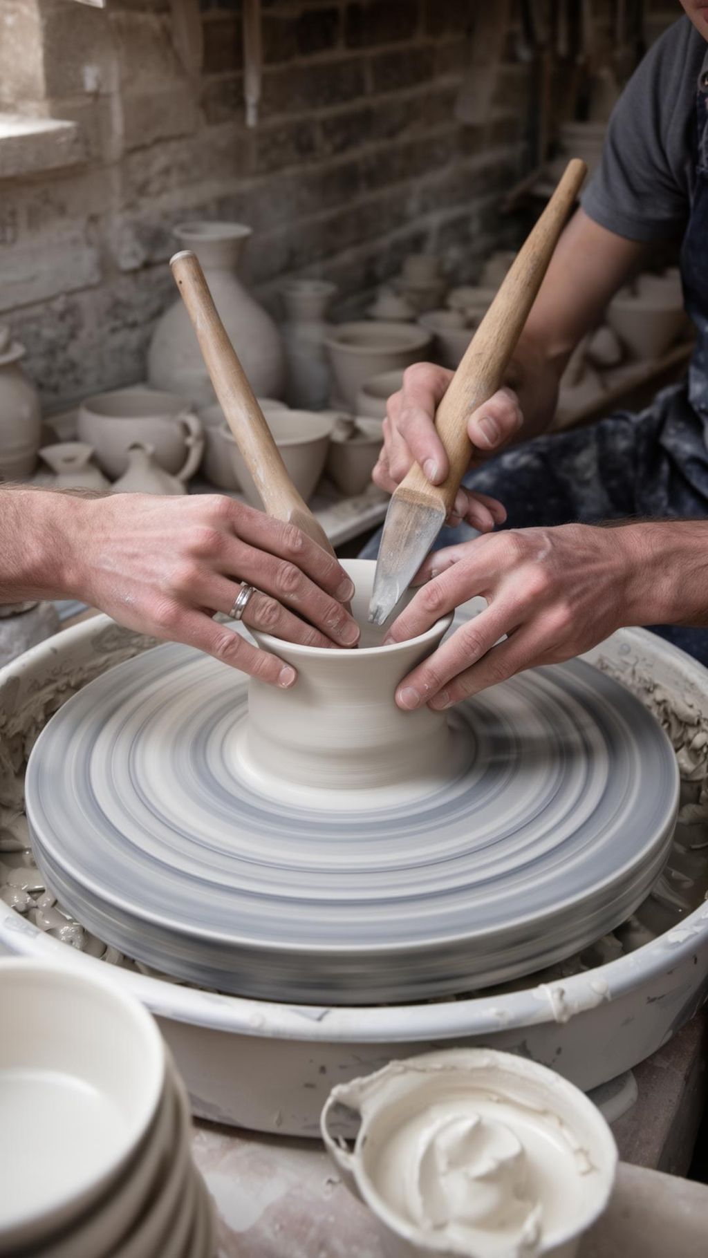 A conservator's hands at work on a hand-thrown vessel
