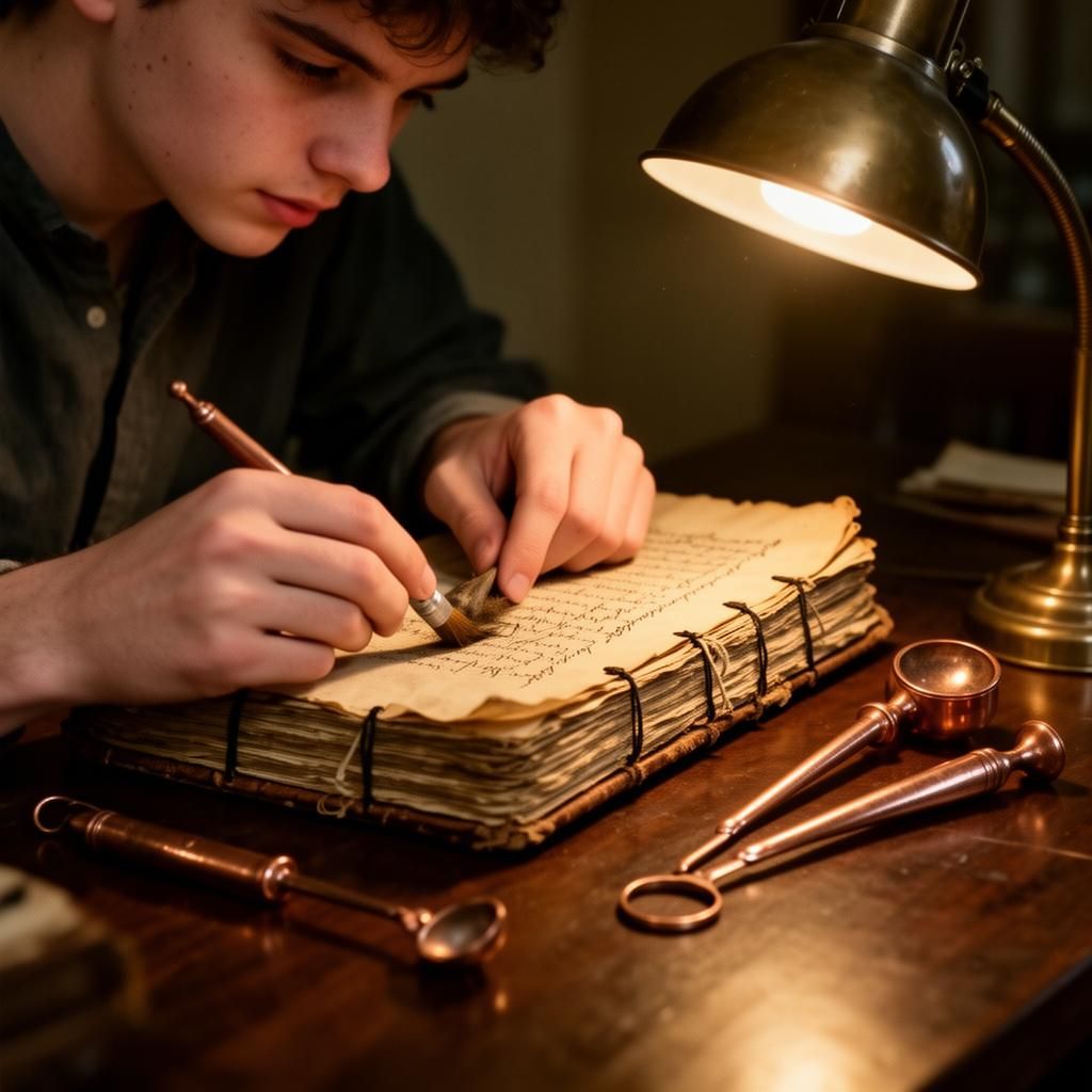 A conservator cleaning the surface of a hand-bound manuscript