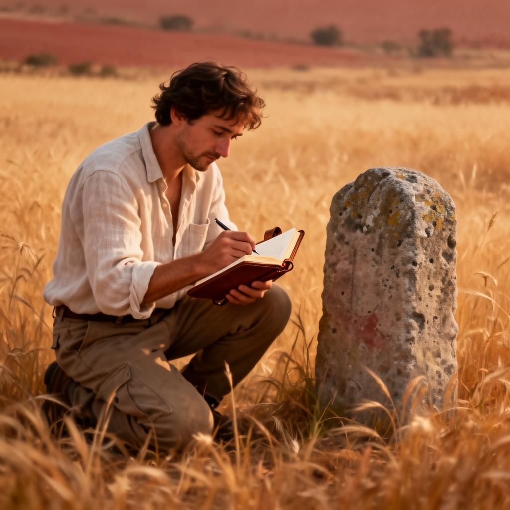 A fieldworker noting observations beside an ancient stone marker