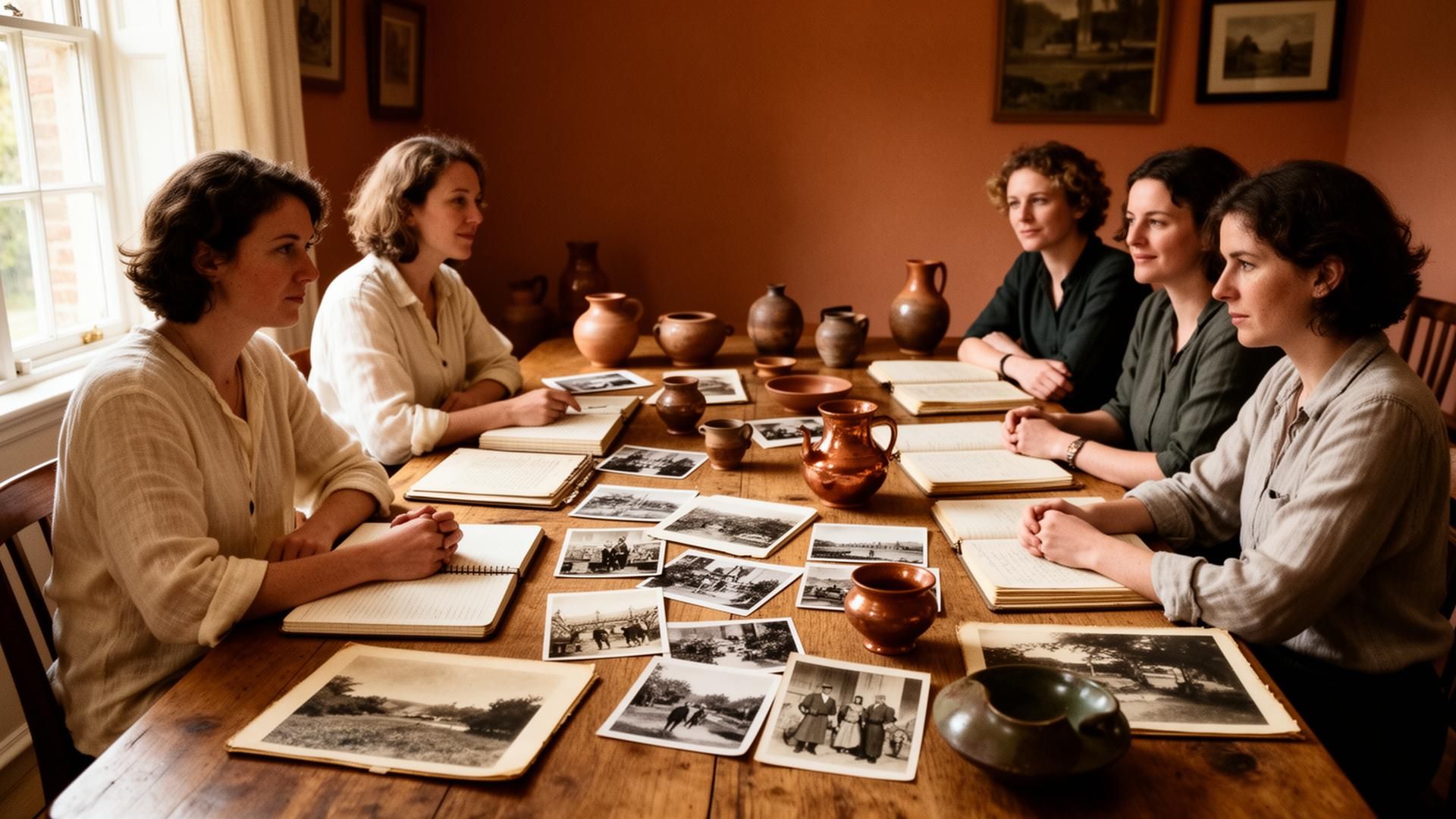 A multidisciplinary heritage team at work around archival photographs and artefacts