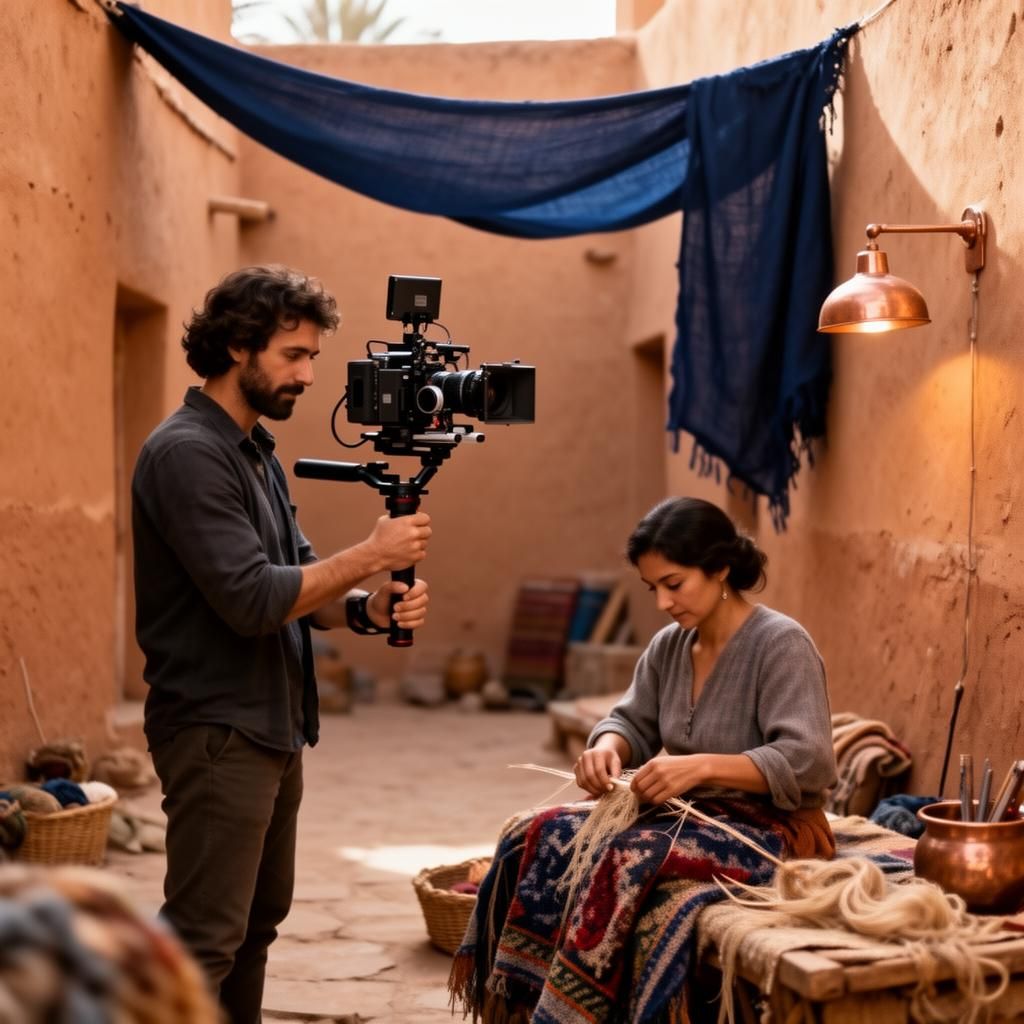 A documentary filmmaker capturing a textile artisan at work