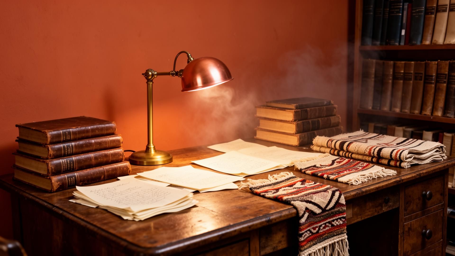 A quiet curator's studio with leather-bound research volumes and woven textile swatches