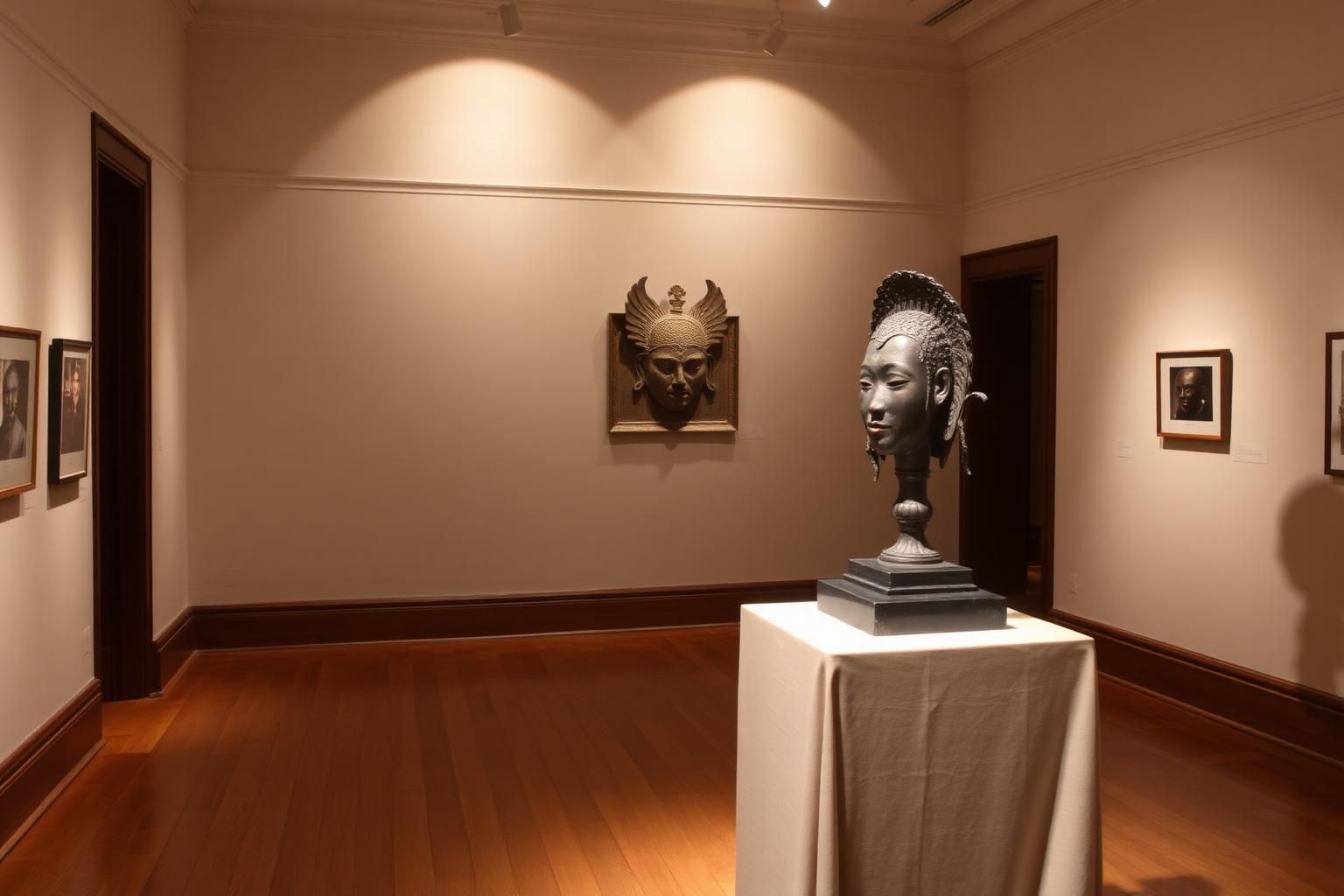 A private gallery viewing room with a sculpture and mask under warm directional light