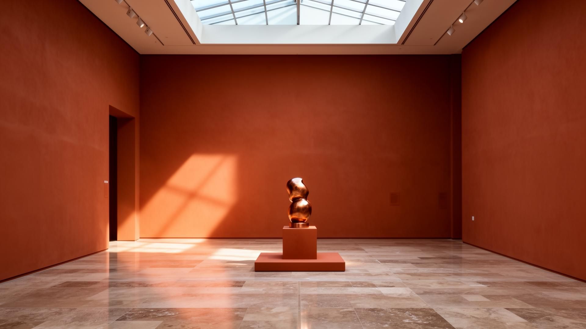 A wall of curated cultural objects and archival photographs