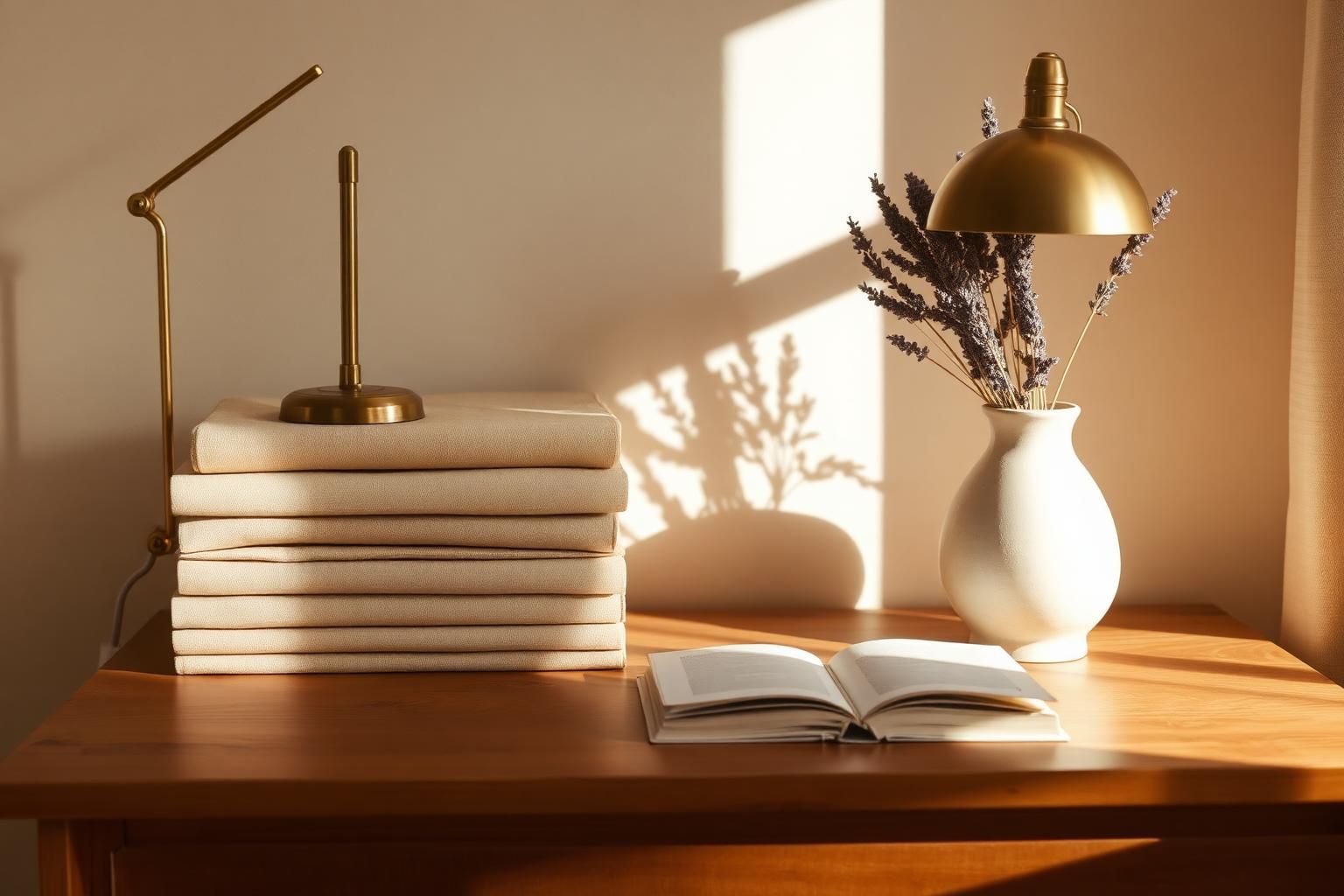 Sunlit writing desk with linen-bound books, a brass lamp and dried lavender in a ceramic vase