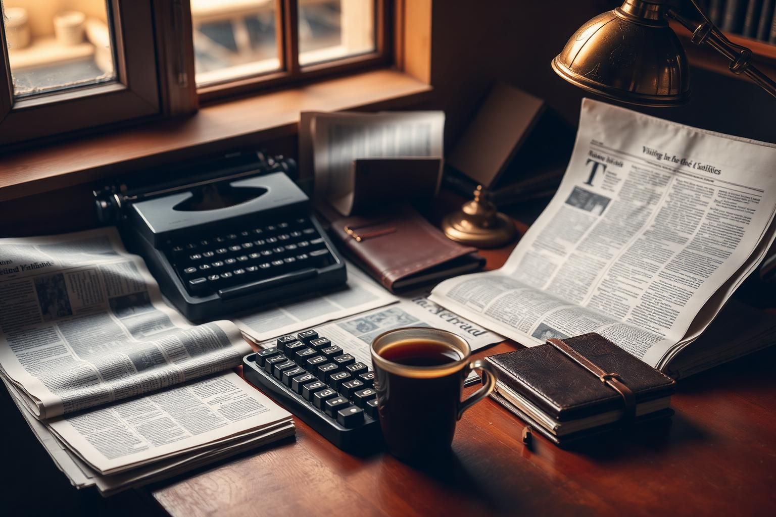 Editor's desk with broadsheet newspapers, typewriter, leather notebooks and a brass lamp